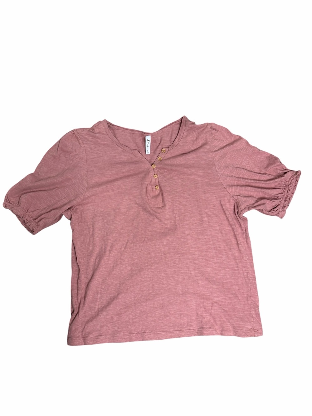 &Me Pink Cotton Henley Top Size Large Puff Sleeve Casual Boho Shirt Pre-Owned